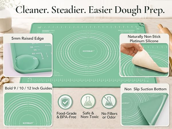 raised edge, suction bottom, non-stick platinum silicone and bold circle guides.