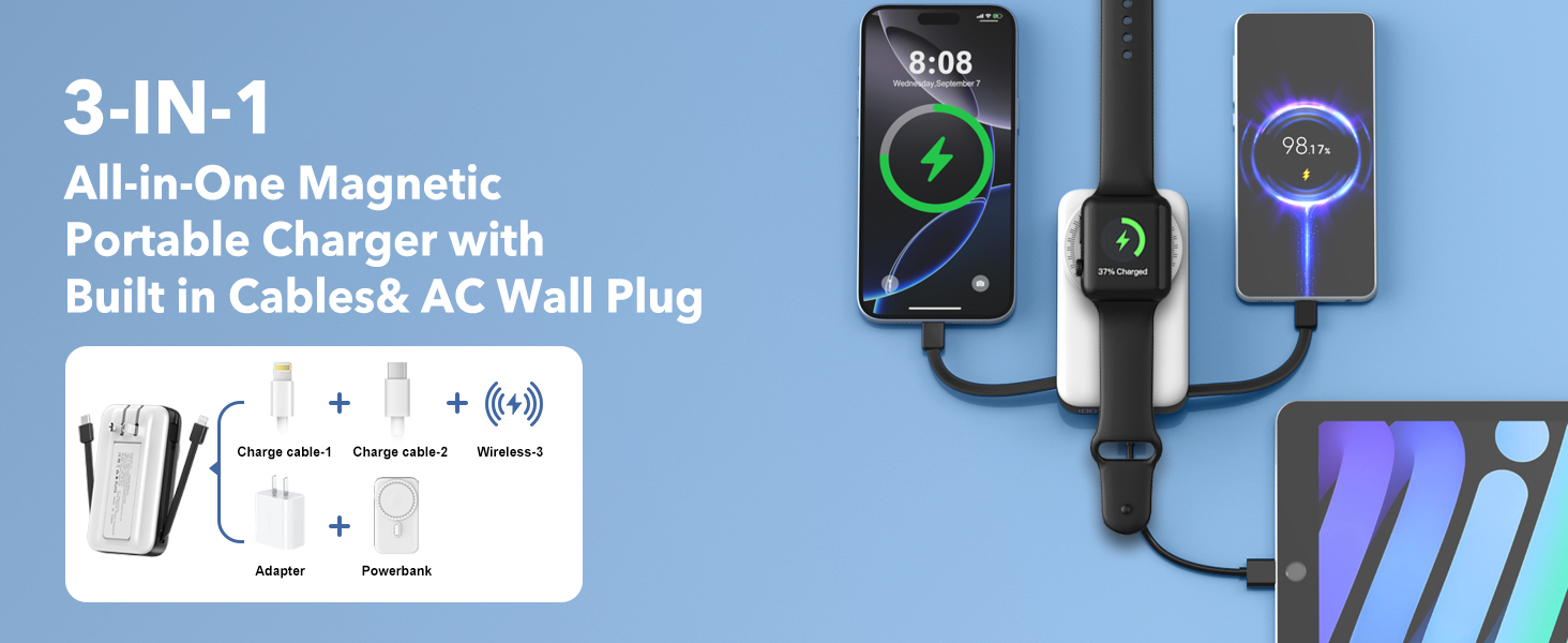 All-in-One Magnetic Portable Charger with Built in Cables& AC Wall Plug