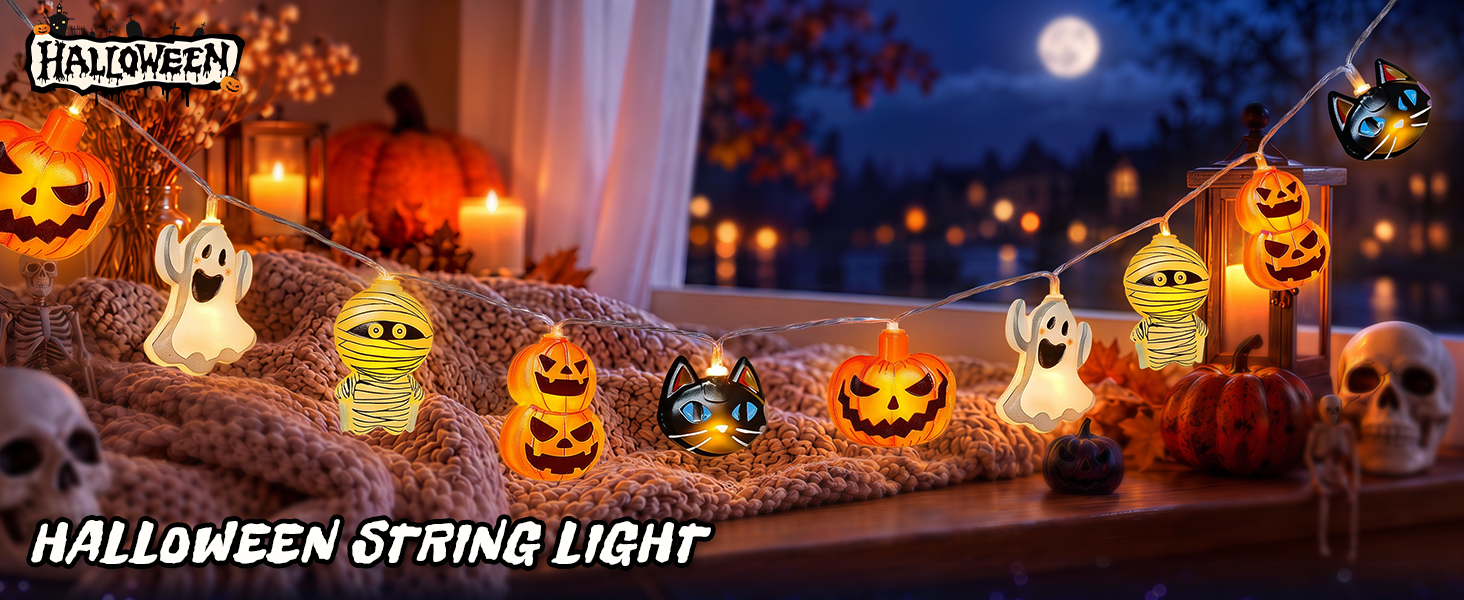 Halloween string lights with pumpkin ghost mummy and cat decorations