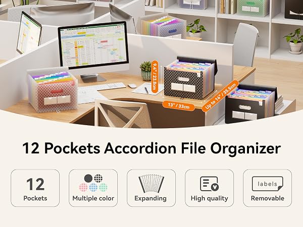12 Pockets Accordion File Organizer displayed on desk. Features expandable design, multiple colors, high-quality construction, and removable labels. Dimensions shown: 13.7 x 9.8 inches.
