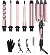 6 in 1 Curling Iron, Curling Wand Set with 3 Barrel Curling Iron and 5 Interchangeable Ceramic Cu...
