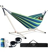 Anyoo Double Cotton Hammock with Space Saving Foldable Heavy Duty Steel Stand, Additional Suspens...