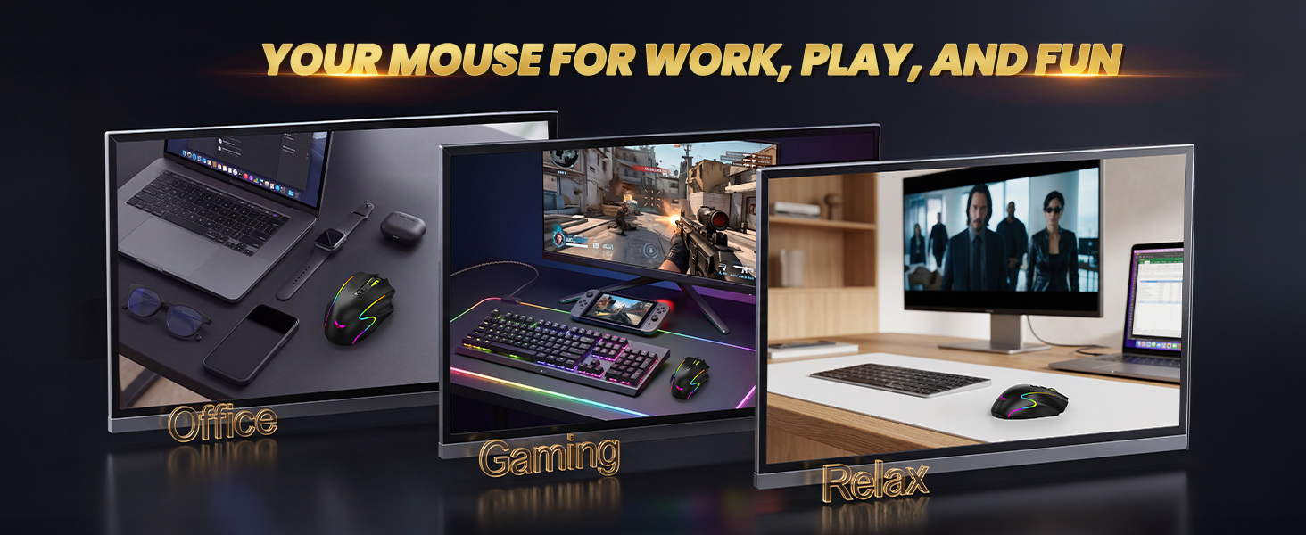 Text reads 'YOUR MOUSE FOR WORK, PLAY, AND FUN' with three product showcase images displaying computer mice in various settings and uses.