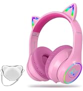 LOBKIN Bluetooth 5.3 Kids Headphones with Case - RGB LED Light Up Cat Ears Foldable Adjustable Ov...