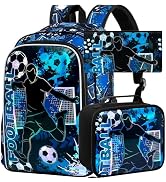 AGSDON 3PCS Kids Backpack for Boys, 17" Football Backpacks with Lunch Box, Water Resistant and Li...