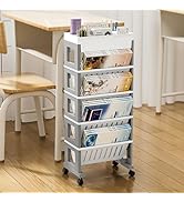 5 Tier Book Rack Storage Bookshelf, Removable Movable Unique Bookcase, Rolling Book Cart with Whe...