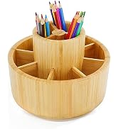 Circular wooden desk organizer with multiple compartments and central cylinder holder containing colorful pencils.