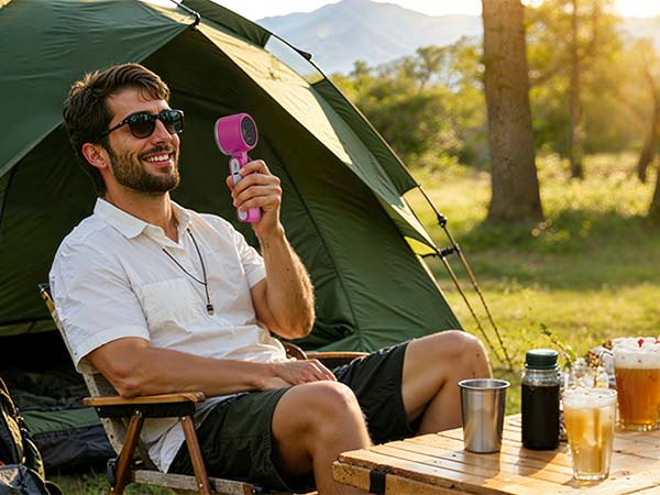 Man camping with magenta rechargeable fan outdoors powerful small fan for hot summer days tent