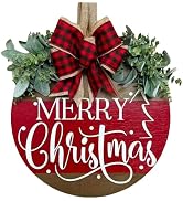 Merry Christmas Wreath Hanging Sign for Front Door, Wooden Welcome Wreaths Sign with Bow for Holi...