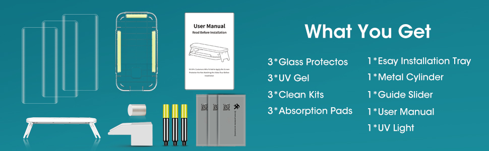 Components of a screen protector kit including glass protectors, UV gel, cleaning kit, absorption pads, metal cylinder, guide slider, user manual, and UV light on a teal background.