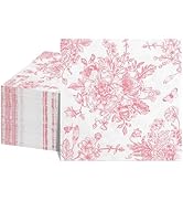 NatNarr 100 Pcs Pink Floral Napkins, Valentines Napkins Pink and White Toile Cocktail Napkins Vin...