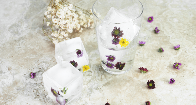 large floral edible ice cubes made with silicone ice mold