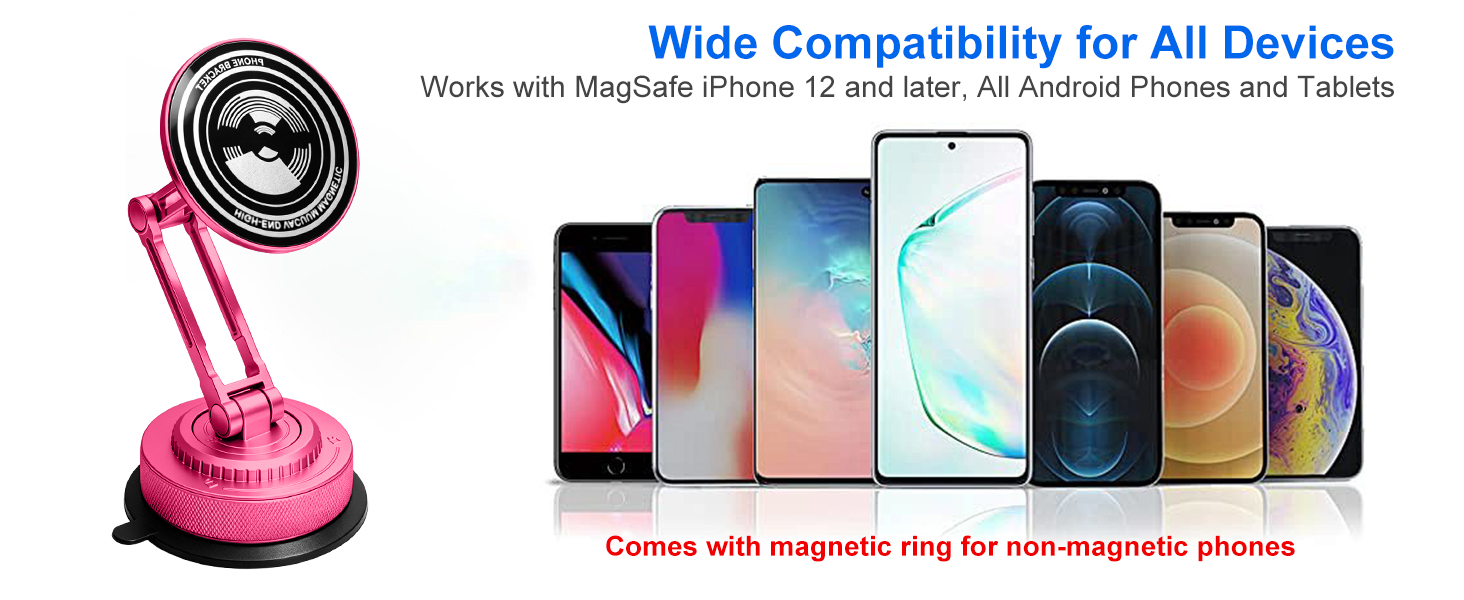 Universal Red Pink Magenta magnetic mount, full phone compatibility, chic for women