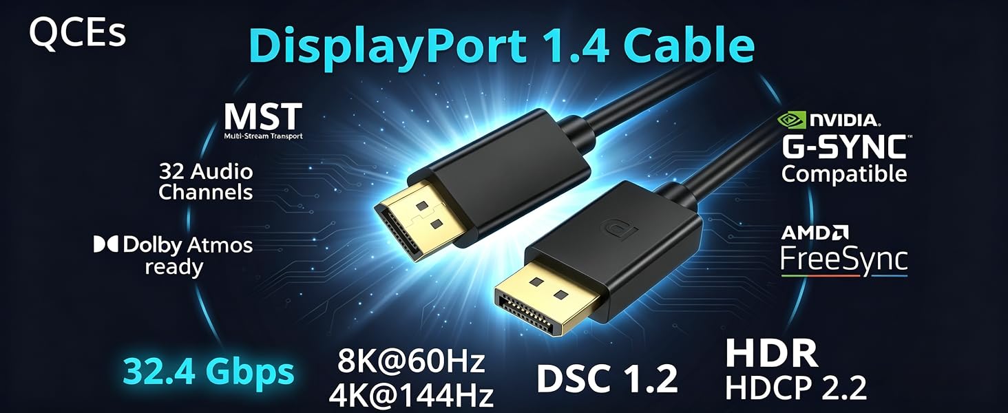 QCEs DP 1.4 Cable, 8K@60Hz 4K@144Hz, 32.4Gbps High Speed