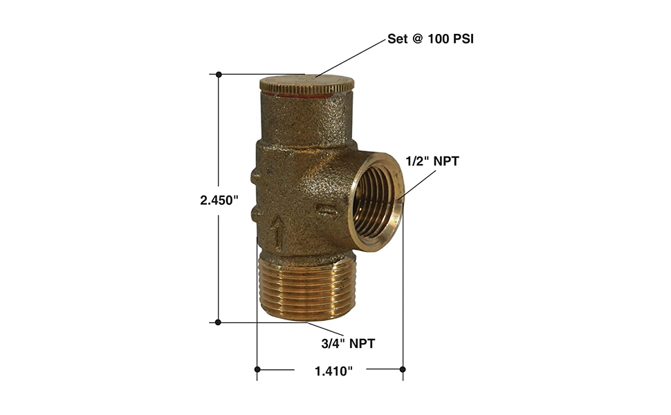 Merrill MFG. Pressure Relief Valve 3/4 in x 1/2 in NPT with 100 PSI - Measurements