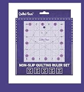 Text reads 'NON-SLIP QUILTING RULER SET'. Purple transparent quilting ruler with measurement markings and grid pattern.