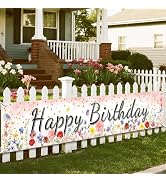 Owishnora Pink Coral Happy Birthday Banner, Floral Design, Colorful Birthday Party Decorations, I...