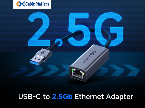 Cable Matters USB 2.5Gb Ethernet adapter connected to a laptop for fast wired network access