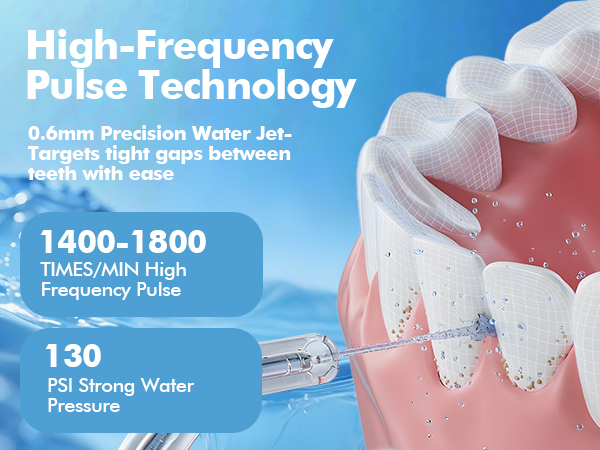 Text reads 'High-Frequency Pulse Technology', '1400-1800', '130'. Dental care infographic showing teeth with braces and technical specifications.