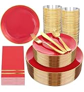 NOCCUR 350PCS Red Plastic Plates - Disposable Red Gold Dinnerware Set for 50 Guests, 100 Dinner/D...