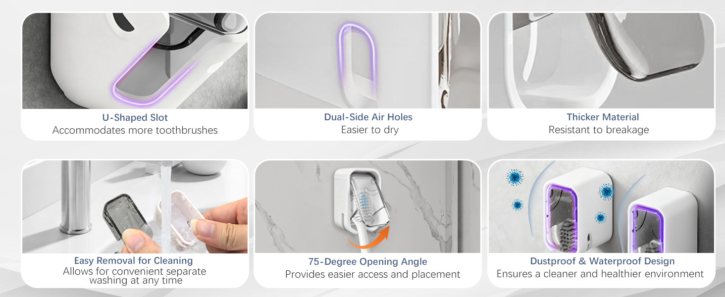 Toothbrush holder with cover design is waterproof and dustproof, keeping the toothbrush clean
