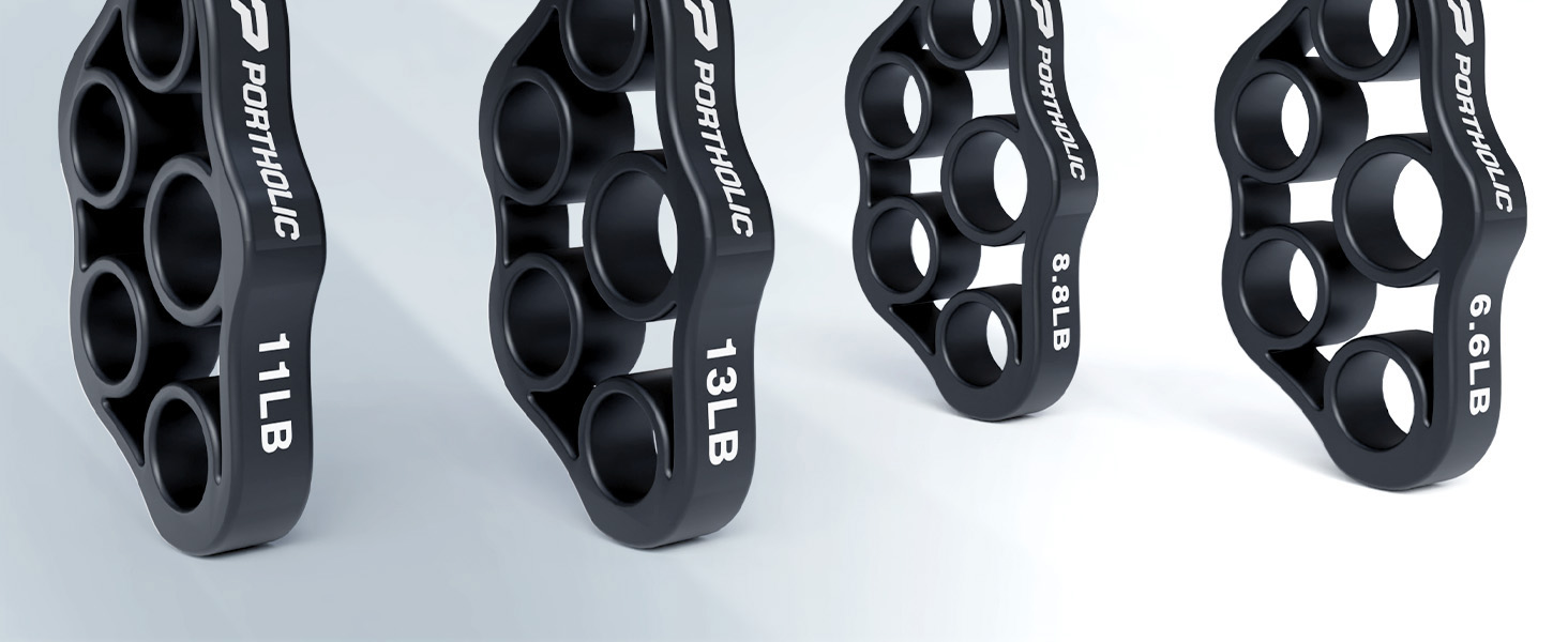 Four black metal camera lens holders with hexagonal hole patterns. Sizes range from 1 to 5 lens capacity, featuring engraved weight measurements and brand name.