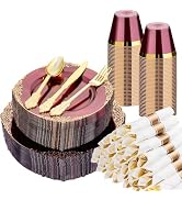 Bestluck 350 PCS Burgundy and Gold Plastic Plates, Disposable Dinnerware Set for 50 Guests, 100 D...
