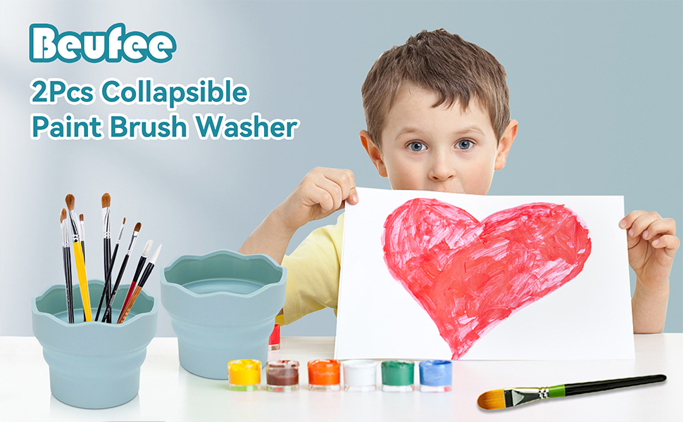 Beufee 2Pcs Collapsible Paint Brush Washer set with child holding red heart painting, paintbrushes in blue container, and various paint colors.