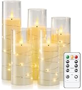 Raycare Embedded String Lights Flameless Candles with Remote and Timer, 5 Pcs Battery Operated Ac...