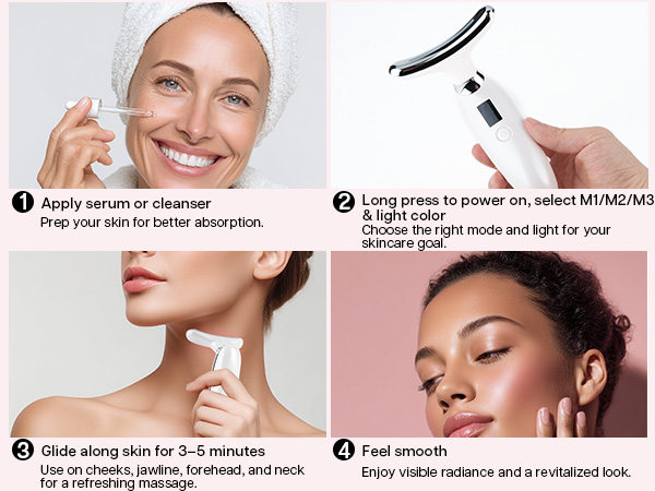 Four-step skincare instruction diagram showing application process, numbered 1-4, with detailed text explaining serum application and facial massage steps.
