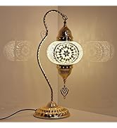 GOGERS Turkish Mosaic Table Lamp, Moroccan Style Swan Neck Bedside Lamp with Handmade Glass Shade...