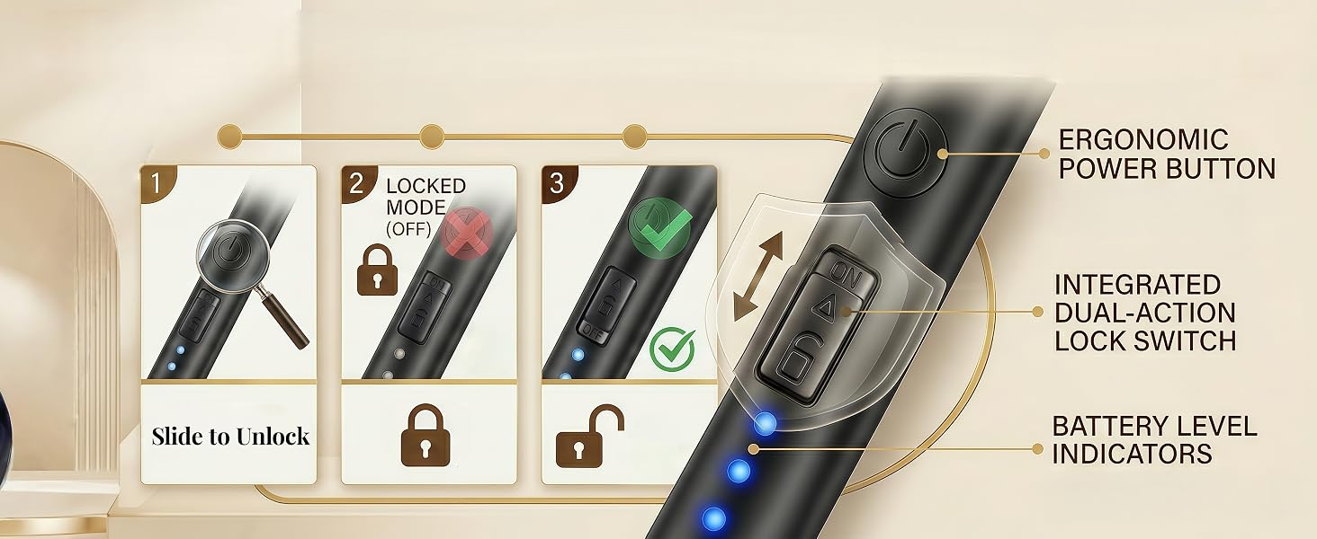 Electric candle lighter with dual-action safety lock, ergonomic power button