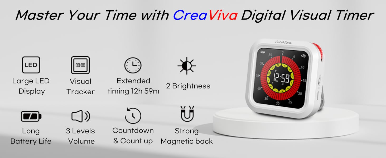 CreaViva Digital Visual Timer 12 hours timing Rechargeable battery Magnetic back