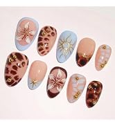French Tip Press On Nails Press On Nails Short Almond Fake Nails with Gold Sun Star&Flower Design...