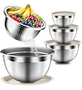 5 PCS Stainless Steel Mixing Bowls with Airtight Lids & Colander Set, Khaki | Nesting Storage Bow...