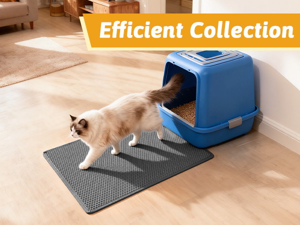 Text reads 'Efficient Collection'. Blue cat litter box with gray mat on wooden floor, demonstrating pet waste collection container with integrated absorbent mat for efficient household pet care.