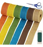 Winlyn 36 Yards 6 Rolls Fall Jute Mesh Burlap Wired Ribbons 2.5" W Nature Orange Yellow Green Bro...