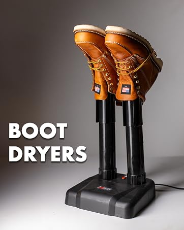 A pair of work boots drying on a boot dryer