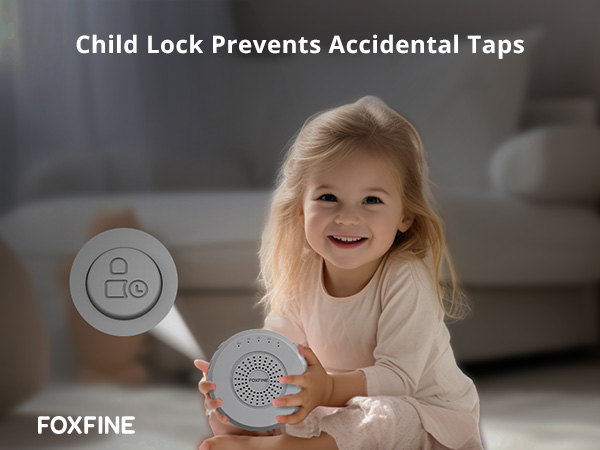 Smiling child with FOXFINE sound machine showing child lock function
