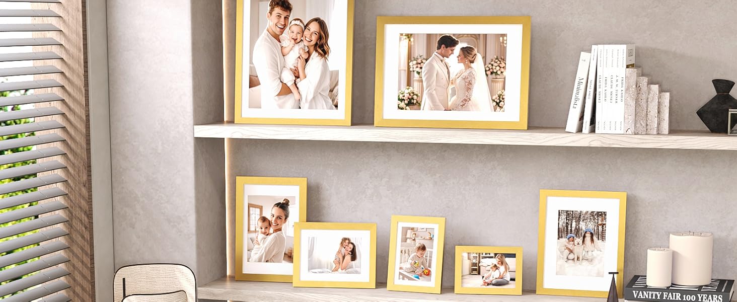 KINLINK Picture Frame Gold Wooden Photo Frames with Plexiglass for Table and Wall Display
