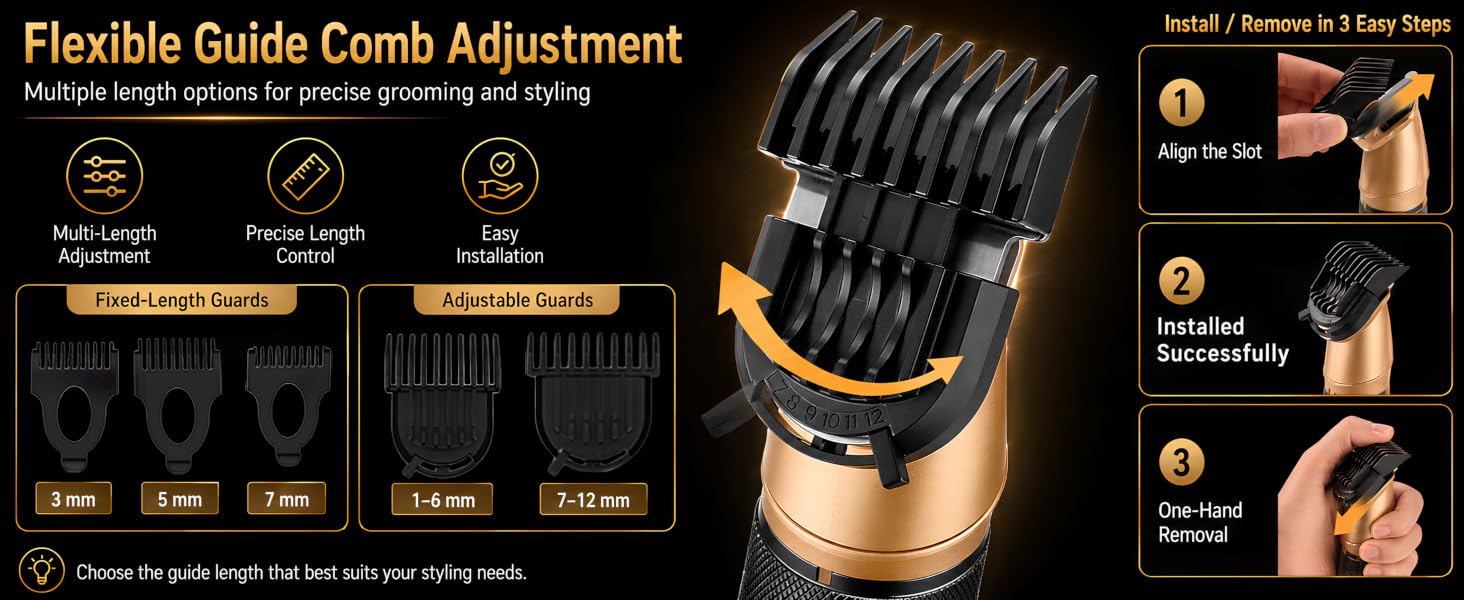KOOBA beard trimmer guide comb adjustment with multiple length settings and easy installation steps