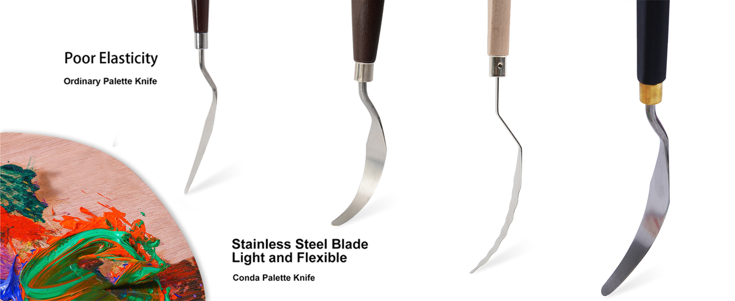 stainless steel blade with a wood handle and a metal handle.