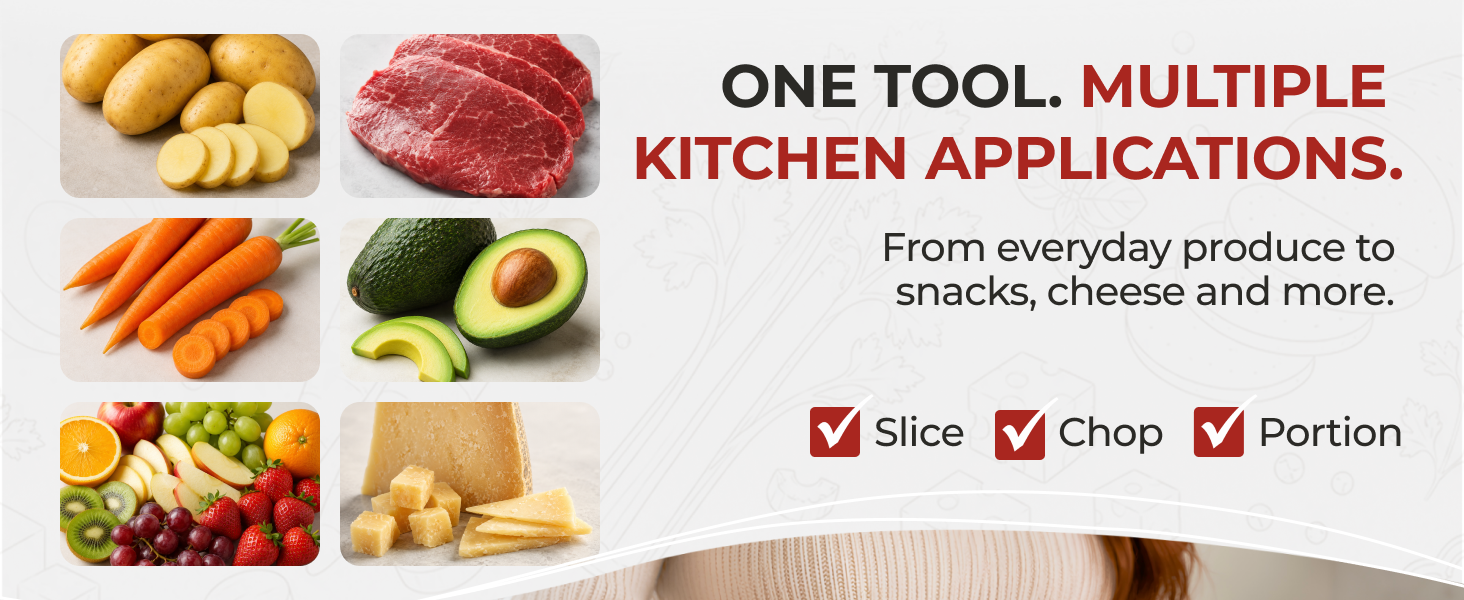 Vegetable chopper slices potatoes carrots meat cheese and fruit for everyday meal prep