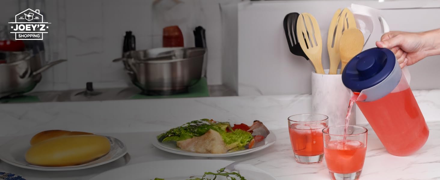 BPA-free 1 gallon water pitcher with flip-top spout, fridge-safe, easy-pour lid for cold drinks.