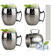 TJ Moscow Mule Mugs Set of 4, Black Hammered Mule Cup 17 oz, Stainless Steel Lining Brass Handles...