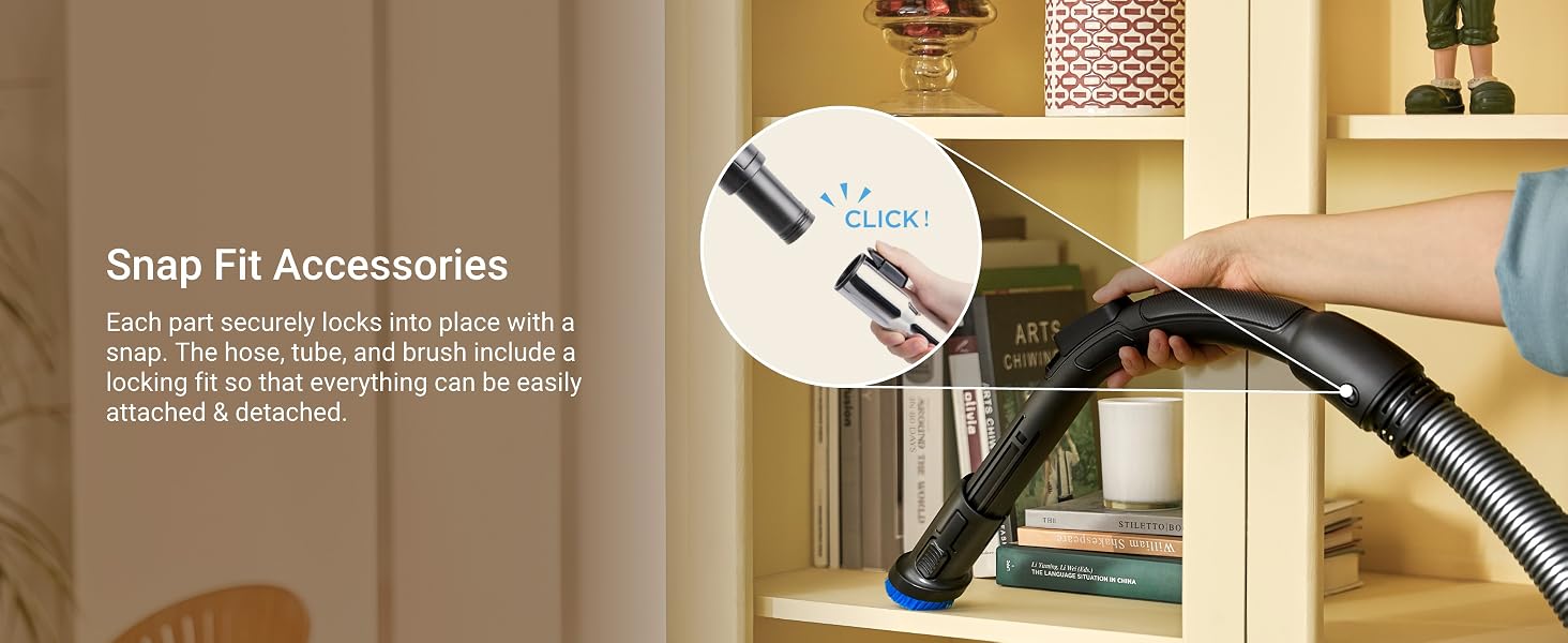 The hose, tube, and brush include a locking fit so that everything caan be easily attached