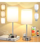 Touch Lamps for Bedrooms Set of 2 White - 3 Way Dimmable Bedside Lamp with USB C and A Ports and ...
