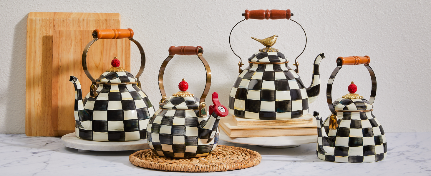 Courtly Check Tea Kettles, 2 Qt, 3 Qt, Whistling, and Bird Topper 3 Qt.