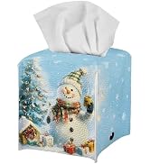 doginthehole Christmas Decorations Tissue Box Cover, Cute Snowman Xmas Tree Print PU Leather Tiss...