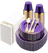 Bestluck 350PCS Clear Purple Plastic Plates for 50 Guests, Disposable Plates with Gold Trim inclu...